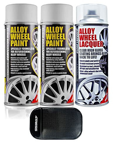 4TRESS E-Tech 2 x 400ml Competition White Chip Resistant Alloy Wheel Spray Paint, 1 x Clear Lacquer Car Alloy Wheel Paint (3 Cans In Total) Non Slip Car Dash Mat