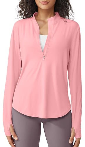 G4Free Long Sleeve Sports T-Shirt Women UPF 50+ Sun Half Zip Shirts Lightweight Quick Dry Workout Tops Running Hiking Breathable Activewear with Thumb Holes Pink
