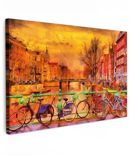 MuchoWow© Leinwände Groß 120x80 cm XXL Wall Decoration Bilder Schlafzimmer Deko Pictures Canvas Painting Wanddekoration Wohnzimmer Kunstdruck - Gemälde - Fahrrad - Amsterdam - Kanal - Ölgemälde