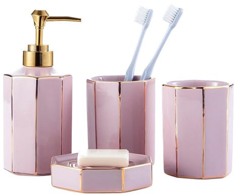 Ensemble d'accessoires de salle de bain en céramique, ensemble complet d'accessoires de salle de bain, ensemble complet de 4 pièces rose moderne pour salle de bain, comprenant un gobelet, un