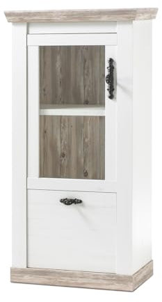 Furn.Design Vitrine in weiß Pinie und Oslo Pinie Wohnzimmer Esszimmer Vitrinenschrank Landhaus Kommode 71 x 201 cm Rovola (Vitrine klein)