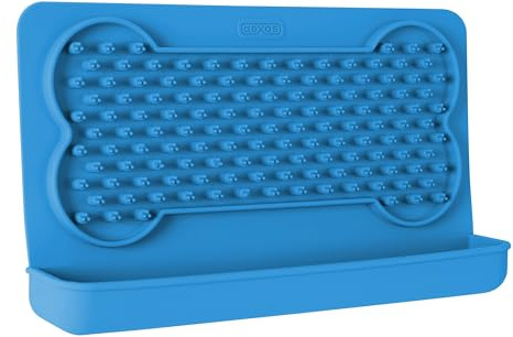 Dexas Snack & Distract Licking Mat with Catch Tray for Dogs and Cats-9.5x 5.5, Pro Blue. Sticks to Most Slick or Smooth Surfaces. Eases Anxiety, Prevents Boredom, Entertains and Distracts.