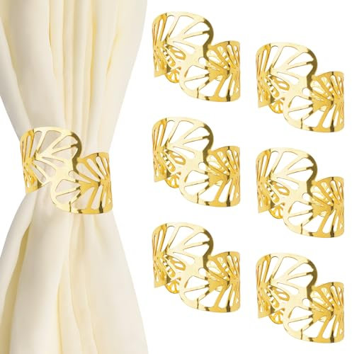 UFURMATE Vorhang-Raffhalter, Metall, dekorativ, goldfarben, hohle Blätter, kreative Vorhangschnallen, Drapierhalter-Clips für Zuhause, Büro, 6 Stück (Gold)
