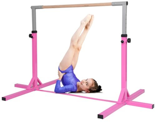 KOMFOTTEU Kinder Turnreck, Gymnastik Bar Gymnastikstange 12 stufig Höhenverstellbar, Reckstange Turnstange aus Stahl & Holz, Reck Stange zum Turnen für Mädchen Jugendliche, max 100kg belastbar (Rosa)