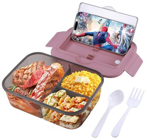 Wrischan 1400ml Bento Lunch Box with Spoon Fork and 3 Compartments, Microwave and Dishwasher Safe, Leak Proof Packed Lunch Box for Adults Kids (PP Material, Pink)