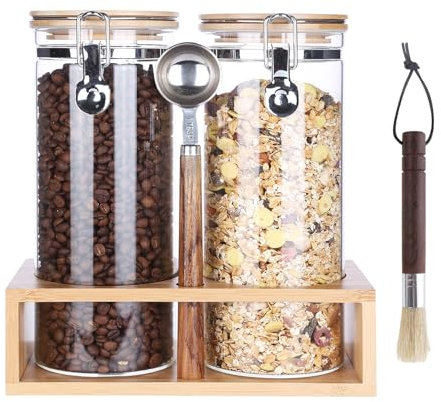 Ken's Kitchen Aufbewahrungsglas mit Regal, Luftdichte Vorratsgläser aus Glas, 2er Set (2 x 1,5L) mit Deckel & 1x Messlöffel - Ideal für Lebensmittel wie Müsli, Tee, Kaffee & mehr