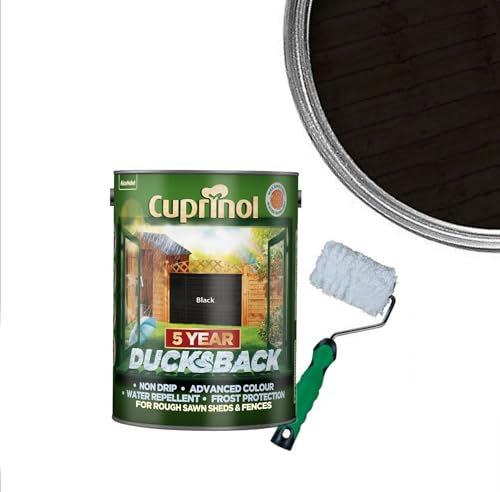 Cuprinol Ducksback- Silver Copse : Shed & Fence Paint 5 Litre| Non Drip, Water Repellent and Frost Defence. Protection for 5 Years. Includes 4 Shed,Fence and Decking Roller (Black)