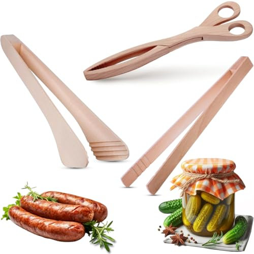 OSTENTO Küchenzange Holz, Holzzange Grill, Holzschere Küche, Küchenzangen Set für Würstchen, Toast, Obst, Brot, Gurken, Salat (3, 2 Holzzangen + 1 Holzschere)