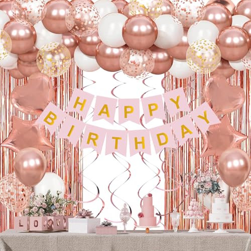 Decoration Anniversaire Rose Or, 50 Ballons Rose,Ballon Blanc Et Or, Banderole Joyeux Anniversaire, Rideau Frange Anniversaire, Kit Ballons Anniversaire Rose Or Pour Deco Anniversaire Fille