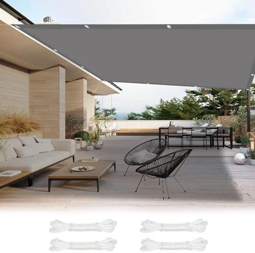 Sonnensegel inkl Befestigungsseile 6 x 10 m Wasserdicht Schattentuch mit Ösen, Seil PES Polyester UV Schutz Ohne Bohren für Garten Balkon & Terrasse, Dunkelgrau