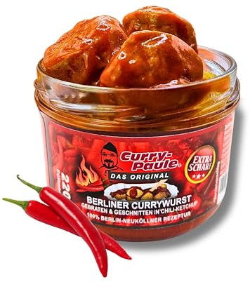 6x Berliner Currywurst im Glas in Chili-Ketchup von Curry-Paule +++ Extra scharf +++ 6 er Pack (6x220g) - Fertiggericht super lecker - nur erwärmen & genießen