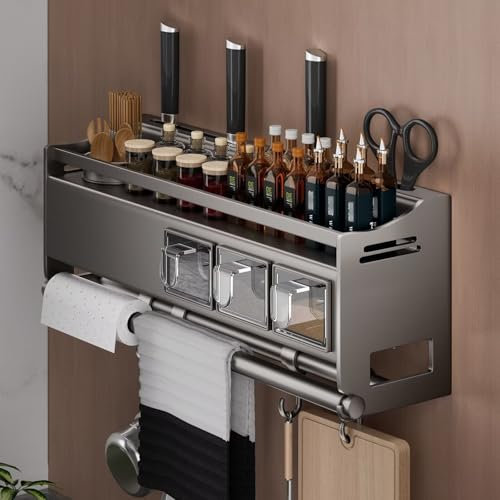 Edumov Gewürzregal Wand, Küchen Gewürzregale mit Küchenrollenhalter, 3 Gläsern und 4 Haken, Gewürzregal Ohne Bohren Schranktür, Metall Gewürzhalter Küchenregal Wand Hängend Gewürz Organizer