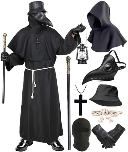 Pestdoktor Kostüm Herren Pestarzt Kostüm Karneval Mittelalter Steampunk Cosplay Pest Doktor Maske mit Mönchskutte Zepter Hut Handschuhe Plague Doctor Costume Outfit ür Halloween Fasching Party 044XXXL