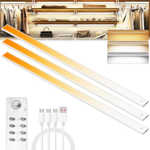 Lot de 3 lampes à 204 DEL sans fil, lampes de placard rechargeables et télécommande, détecteur de mouvement pour intérieur, sous comptoir avec CCT et intensité