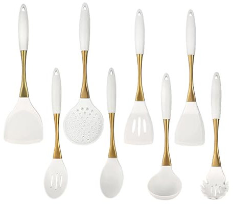 QATTBYI 8-piece Silicone Kitchenware Set 304 Stainless Steel Gold-plated Handle Heat-resistant Non-stick Cooking Spatula Set Kitchen Cooking Utensils Set for Nonstick Cookware Kitchen Gadgets Set