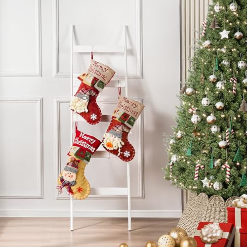 ELYKEN Blanket Ladder for Living Room, Farmhouse 5-Tier Quilt Holder with 4 Removable Hooks for Bathroom, Wood Towel Rack Display, Wall Anchor Leaning Decorative Stand for Home, White