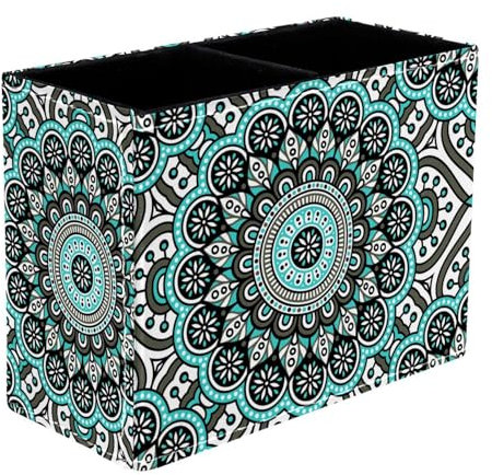 VAPOKF Floral Boho Mandala Vintage Pen Holder for Desk, 2 Compartments Pen Pot Pencil Holders Makeup Brushes Storage Desktop Stationary Supplies Organiser for Home Office