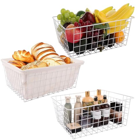 SHUESS 3 Pack Large White Wire Basket, 40 x 28.5 x 15.5cm Freezer Baskets for Chest Freezers, Metal Wire Storage Basket with Removal Cloth Liner, Chest Freezer Organiser for Pantry, Freezer, Shelves