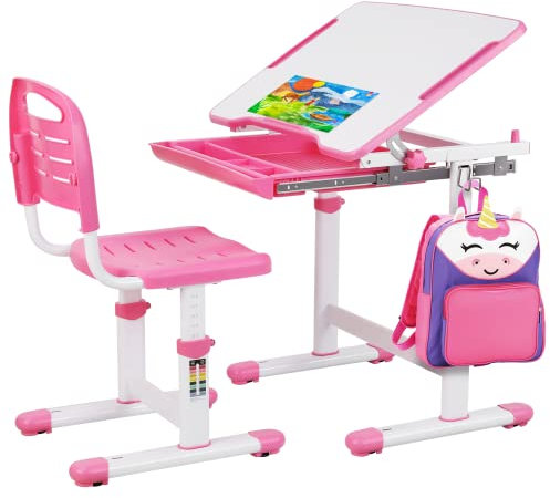 Clevich Kinderschreibtisch Höhenverstellbar, Kinder Schreibtisch und Stuhl Set mit Haken, Multifunktional Schülerschreibtisch Neigbare Tischplatte von 0-40° Schreibtisch Kinder für Zeichnen (Rosa)