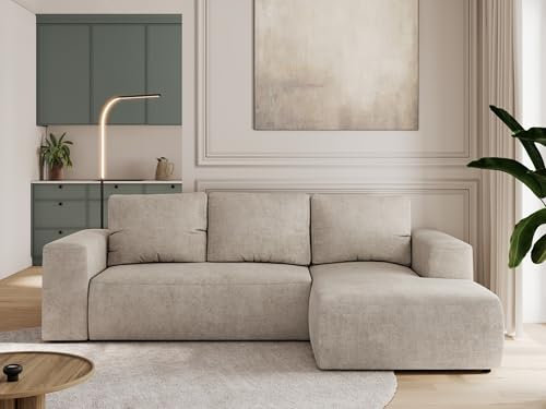 MKS MEBLE Sofa mit Schlaffunktion - Ecksofa mit Schlaffunktion und Bettkasten - Sofa 3 Sitzer - Schlafsofa - Couch - Schlafsofa mit Bettkasten - Trentino L - Beige Stukture - Rechts