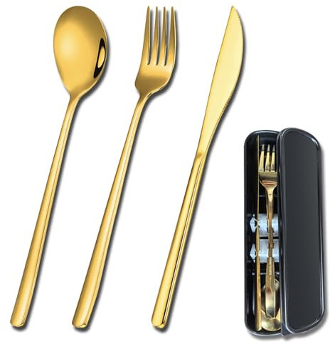 YUDANSI Gold Besteck Sets, 4Teiliges Edelstahl Besteckset Für Kinder Erwachsene, Leicht Zu Reinigen Hochglanzpoliert Spülmaschinenfest Messer Gabel Löffel Für Reisen Picknick Büro Schule Mittagessen
