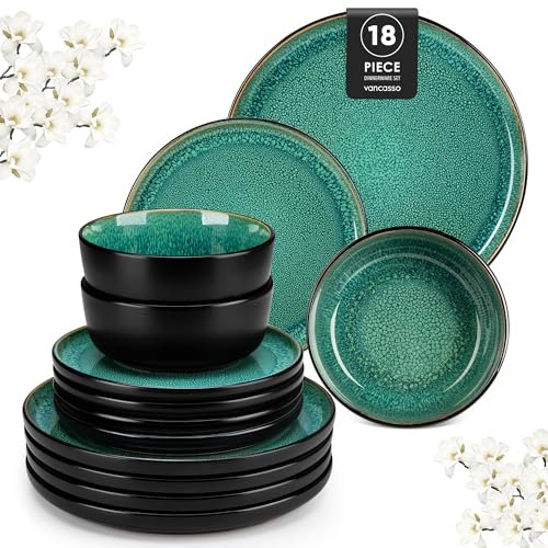 vancasso Playa Green Dinner Set, Reactive Glaze Dinner Sets for 6 People, 18-Piece Mediterranean Crockery Set with Dinner Plates, Dessert Plate and Cereal Bowls