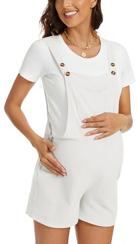 FEOYA Tuta Premaman Corta in Cotone Salopette Casual con Bottoni per Donne Incinte Overalls Largi e Comodi per Estate Bianco M