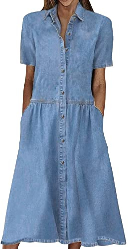Jeansklänning midja dam – sommarklänning dam långa jeans – jeansklänningar dam sommar knälång – sommarklänningar med fickor omlottklänning A-linje elegant fritidsklänning 1/2 ärm klänning knappar