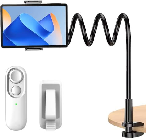 WRQIOO Gooseneck Tablet Holder with Page Turner, Tablets Stand, 360°Flexible Adjustable Lazy Arm Stand, Kindle Holder for Reading in Bed with Page Turner, Clamp Tablet Mount Bracket Bed on Table