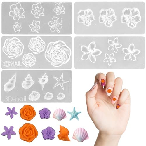 lasuroa 5pcs Moule Silicone Ongles, Moules à Fleurs 3D pour la Conception des Ongles Accessoires de Décoration d'Ongles Réutilisables en Résine pour le Bricolage Fleur de Frangipanier Rose Pétunia