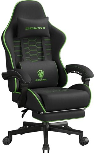 Dowinx Sedia da gioco con cuscino primaverile, traspirante, in tessuto di alta qualità, ergonomica, con poggiatesta, sedia da scrivania girevole con poggiapiedi (nero e verde)