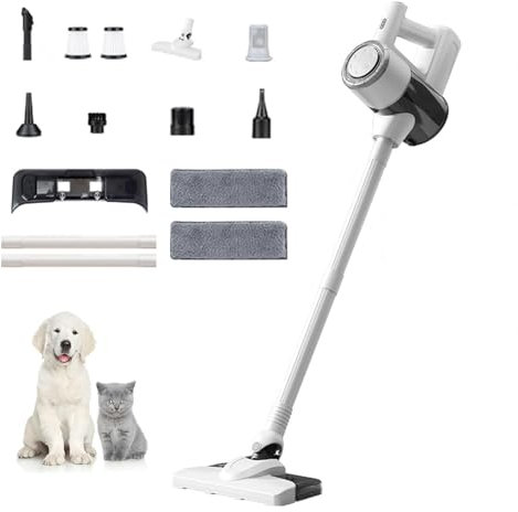 MeLtor Balai Aspirateur Laveur 5 en 1 Compact - Léger, Aspirateur Vapeur sans Fil Léger Puissant Balai Vapeur sans Fil pour Sol Dur Tapis Poils d'animaux Voiture,White