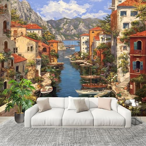 Fototapete 200x140 cm Aquarell Mediterrane Stadt Vliestapete Fototapete für Schlafzimmer und Wohnzimmer Exotisch Großformatige Mustertapete 3D-Effekt Wanddekoration Flurtapete