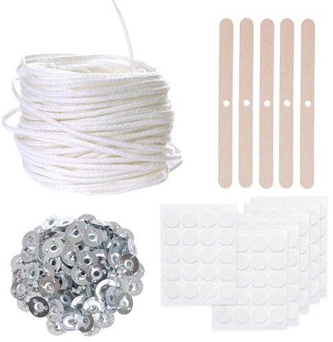 1600cm Kerzendocht, Dochte für Kerzen Set mit 100 Stück Metallbasis, 100 Stück Aufkleber,5 Holzstreifen,Baumwolle Kerzendocht Set für DIY Weihnachten Dicke Kerzen