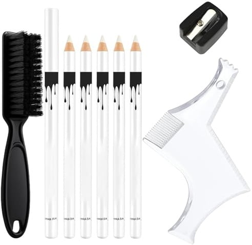 BaiDekun 9 Stück Bartschablone Herren Set mit 6 weißen Friseurstiften, Schablone, Bürste und Anspitzer für präzises Bartstyling und saubere Konturen