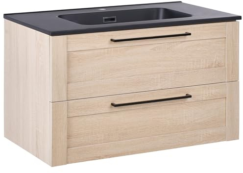 Beliani Vanity Unit with Basin Engineered Wood Bathroom Cabinet Storage 80 x 47 cm Light Brown Tarija