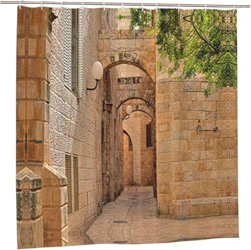 Rideau de Douche Anti Moisissure Architecture Italienne Rideau Douche 120 x 200 Scène de Rue Shower Curtain 3D Imperméable Tissu Polyester Rideaux Baignoire Salle de Bain avec Crochets F.1796