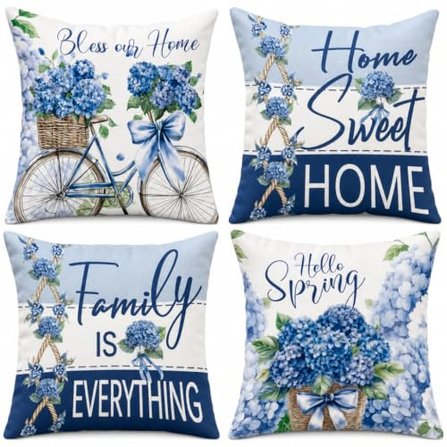 Hopomoon Federe per cuscini con ortensie blu 45x45 cm Set da 4 Federe per cuscini in stile country con citazioni Stampa floreale per arredamento in stile farmhouse Decorazioni primaverili