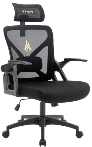 Symino Chaise de Bureau Ergonomique en Tissu Suédine, Fonction Inclinaison et Balancement 109°, Soutien Lombaire Intégré, Appui-Tête et Accoudoirs Réglables-Noir
