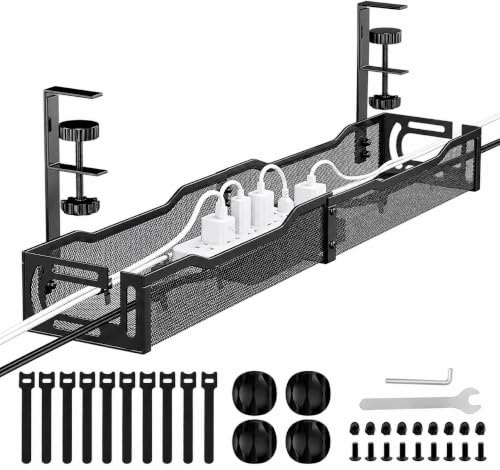 MiDARAH Under Desk Cable Management Tray No Drill, 25''/64CM Long Sturdy Metal Mesh Organiser with Clamp – Cable and Power Cord Organiser, Wire Management and Cable Management - Black