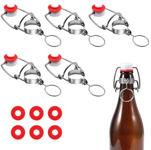 FERRODAY 6Pcs Swing Top Glass Bottle Caps Flip Top Bottle Cap Beer Bottle Airtight Lids with 6Pcs Replacement Silicone Gaskets, 18mm Leakproof Easy Swing Top Stopper Fits 8/17.5/26/35oz Beer Bottle