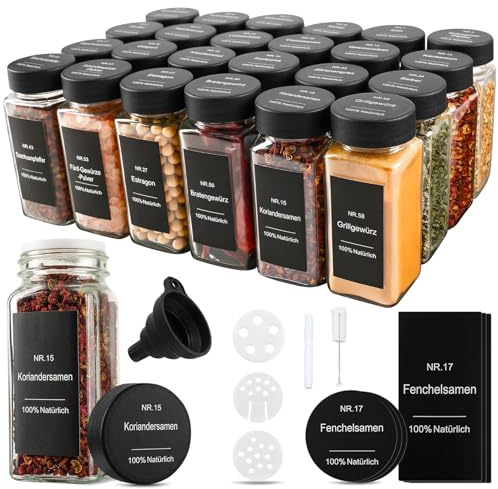 Sitbfoam Lot de 24 pots à épices vides avec bac à saupoudrer de 120 ml et 192 étiquettes étanches - Bocaux à épices carrés hermétiques - Noir