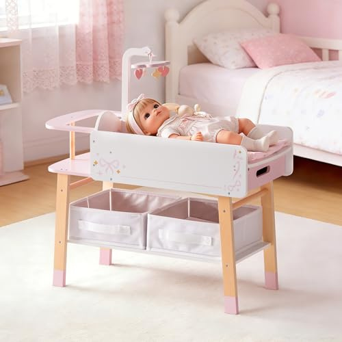 Table de Changement pour Poupée ROBUD avec Chaise Haute pour Poupées de 18 Pouces, Meubles de Poupée en Bois 2-en-1 avec Evier de Toilettage, Rangement, Station de Soins de Poupée pour Jeu de Rôle