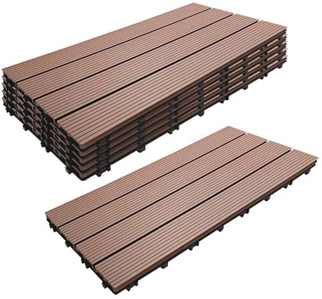 Relaxdays Dalles WPC 6 pcs 60x30 cm pour balcon/terrasse, résistantes aux intempéries, à clips, 1,1 m², effet bois, brun