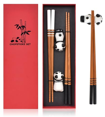 Bamboo Chopsticks Set with Panda Chopstick Rest - 2 Pairs (Black and White) Reusable Wooden Chop Sticks for Sushi and Chinese Food - Cute Japanese Gifts for Kids and Adults in Elegant Box