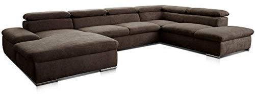 Cavadore Wohnlandschaft Alkatraz im modernen Design / U-Form mit Longchair links und Ottomane rechts / Inkl. Kopfteilverstellung / 350 x 73 x 226 / Braun
