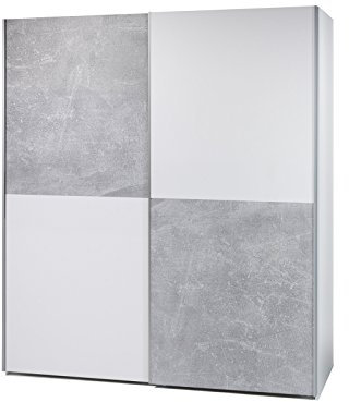 möbelando Schwebetürenschrank Kleiderschrank Schiebetürenschrank Schrank Noni I Weiß/Schachbrett Beton