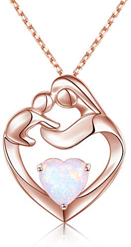 Flyow Echtes 925 Sterling Silber Mutter und Kind Herz Lab Opal Anhänger Halskette Schmuck für Mama Damen Frauen, Einstellbare Silberkette 18 +2 Zoll Geschenke für Junge Mütter (Rose)