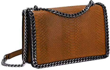 CRAZYCHIC - Damen Kette Umhängetasche - Schlange Leder Gesteppte Klappe Schultertasche - Python Steppmuster Abendtasche Pochette Kettentasche - Frauen Modische Handtasche Trendy Tasche - Kamel Braun
