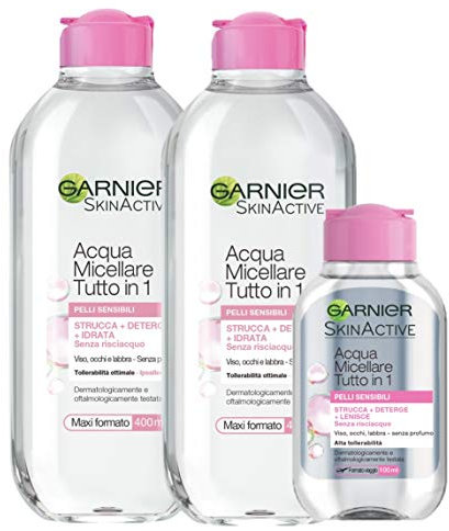 Garnier Kit Acqua Micellare Tutto in 1, Strucca, Deterge e Idrata senza Risciaquo, 2 Micellari 400 ml + Mini Micellare 100 ml, Confezione da 3